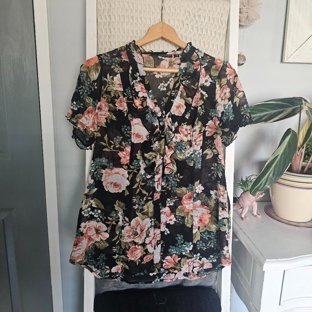 Love Life by Sanctuary Black Floral Blouse | Size M | Peach Print Long Sleeve